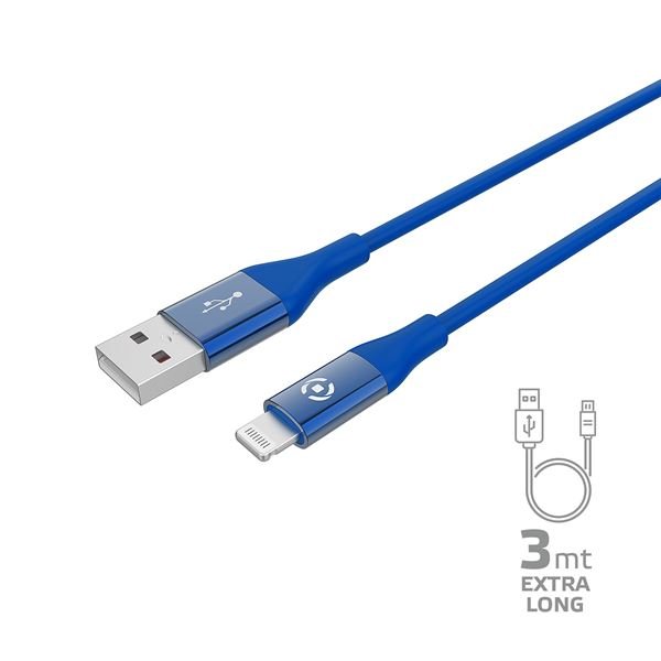 Celly USBLIGHTCOL3M - Cavo Lightning - USB maschio a Lightning maschio - 3 m - blu - USB Power Delivery (12W) - per Apple iPad/iPhone/iPod (Lightning)
