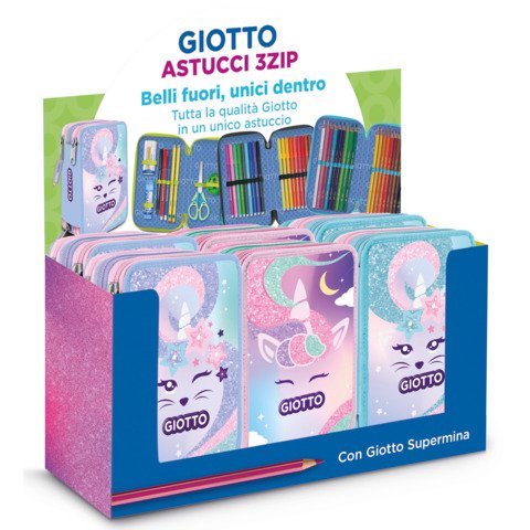 GIOTTO CANDY CAT ESPOSITORE ASTUCCI 3 ZIP CON RIEMPIMENTO COLORI ASSORTITI CONF 6 Pz.