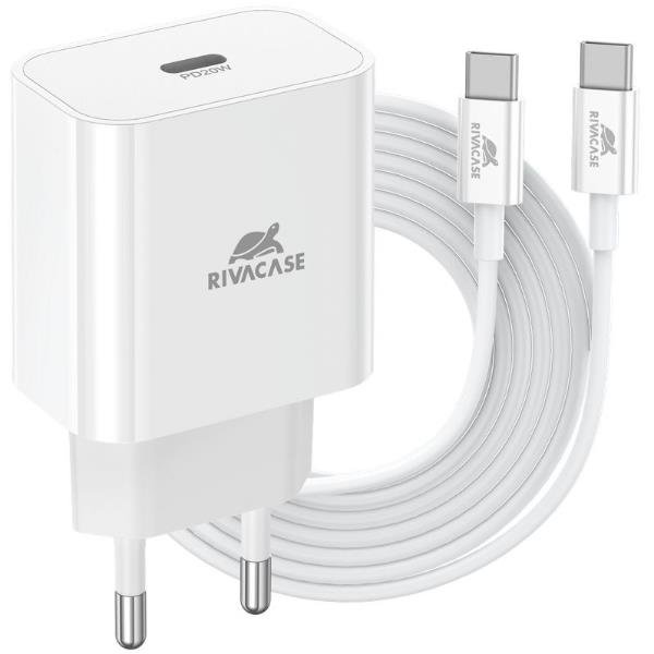 RIVACASE CARICABATTERIE DA RETE USB-C PD 20W CON CAVO USB-C 1 MT BIANCO
