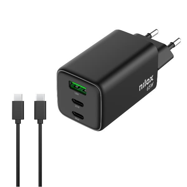Nilox Caricabatterie UNIVERSALE GAN 65W a 3 porte e cavo USB-C a USB-C da 2 metri