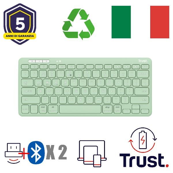Trust LYRA TASTIERA WIRELESS RICARICABILE PER COLLEGARE FINO A 3 DISPOSITIVI 1 WL 2,4GHz + 2BT - 52% PLASTICA RICICLATA - ITALIANO - BIANCA