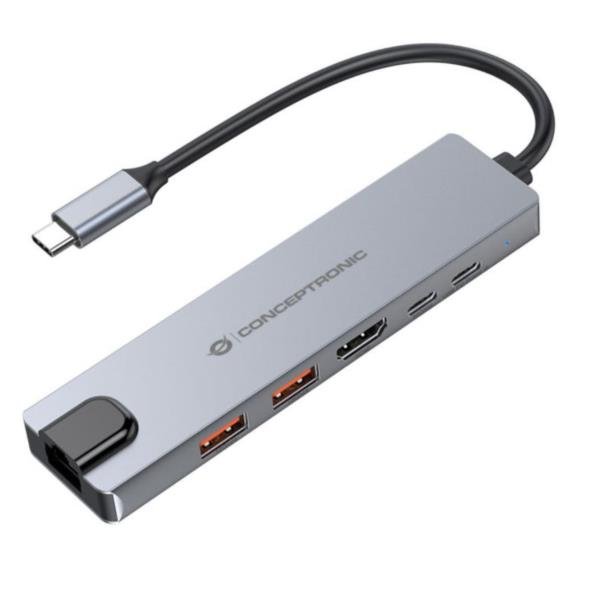 Conceptronic DONN29G, Cablato, USB 3.2 Gen 2 (3.1 Gen 2) Type-C, 140 W, 10,100,1000 Mbit/s, IEEE 802.3ab, Grigio