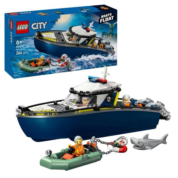 LEGO CITY INSEGUIMENTO DEL MOTOSCAFO DELLA POLIZIA CON 2 BARCHE 3 MINIFIGURE E UNA FIGURA DI SQUALO