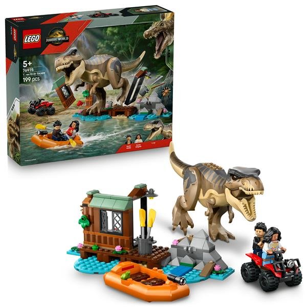 LEGO JURASSIC WORLD FUGA SUL FIUME DAL T REX CON DINOSAURO BARCA VEICOLO ATV E 2 MINIFIGURE