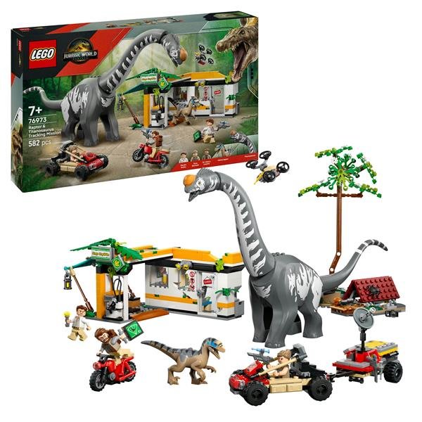 LEGO JURASSIC WORLD ALLA RICERCA DEL RAPTOR E DEL TITANOSAURO CON 2 2 FIGURE DI DINOSAURO FUORISTRADA MOTO E 3 MINIFIGURE
