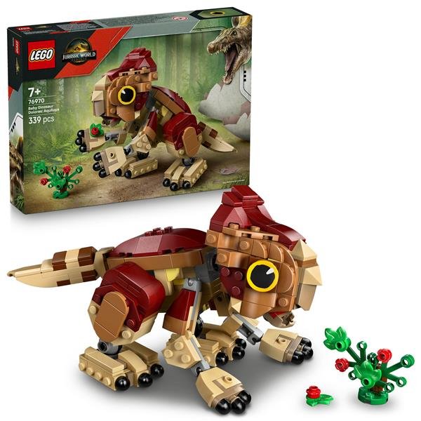 LEGO JURASSIC WORLD DINOSAURO CUCCIOLO DOLORES AQUILOPS CON PIANTA DI FIORI DA ESPOSIZIONE
