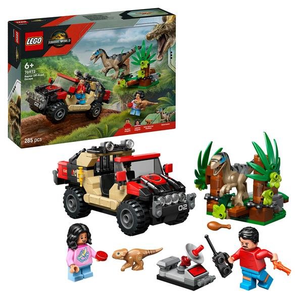 LEGO JURASSIC WORLD FUGA DAL RAPTOR SUL FUORISTRADA CON 2 FIGURE DI DINOSAURO UNA MACCHINA E 2 MINIFIGURE