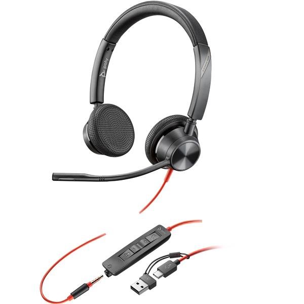 Poly Blackwire 3325 - Blackwire 3300 series - cuffie con microfono - over ear - cablato - eliminazione rumore attivata - jack 3,5 mm, USB-C - nero - certificato UC