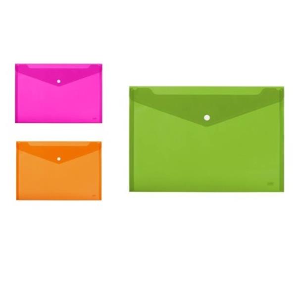 Busta con bottone - 33,5 x 23.5 cm - PP - colori assortiti fluo - Lebez - conf. 3 pezzi