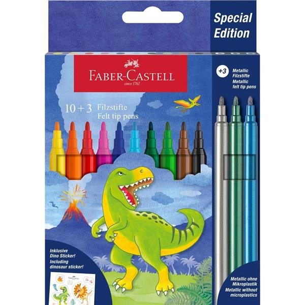 FABER CASTELL DINOSAURO PENNARELLI COLORI ASSORTITI + 3 COLORI METALLIZZATI CON STICKERS CONF 13 Pz.