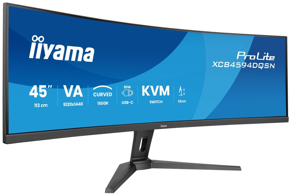 iiyama ProLite XCB4594DQSN-B1 - Monitor a LED - curvato - 45" (44.5" visualizzabile) - 5120 x 1440 Dual Quad HD @ 165 Hz - VA - 450 cd/m² - 3000:1 - HDR400 - 0.8 ms - 2xHDMI, DisplayPort, USB-C - altoparlanti - nero, opaco