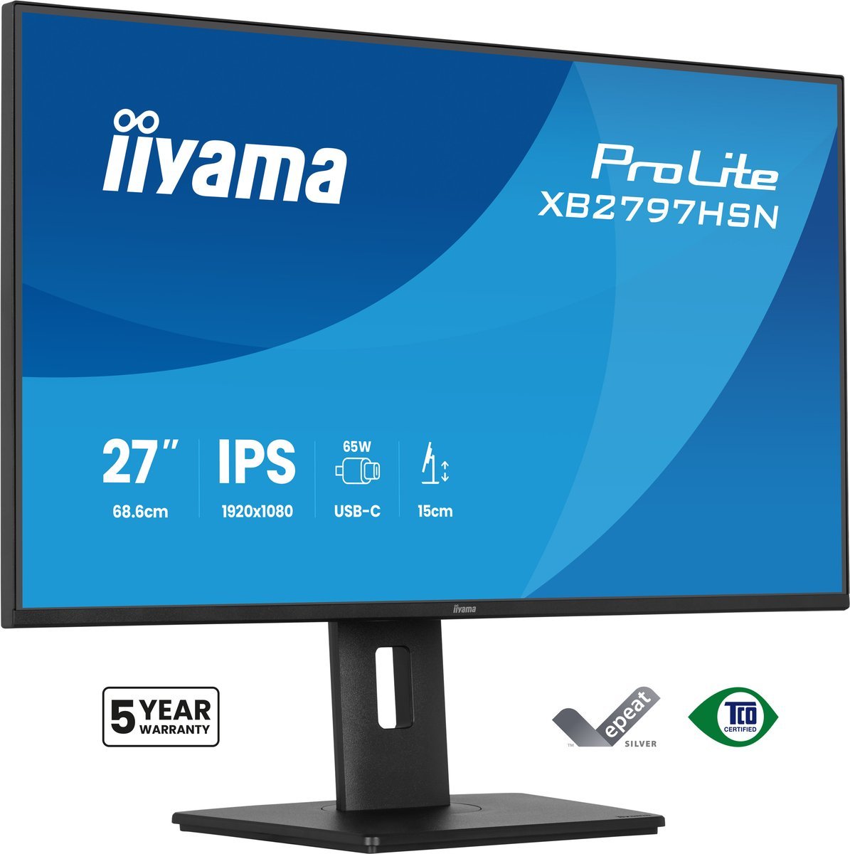iiyama XB2797HSN-B1 Monitor ProLite 27" IPS FHD 350cd 1ms HAS 150mm HDMI DP USB-C Dock 65W 4xUSB LAN