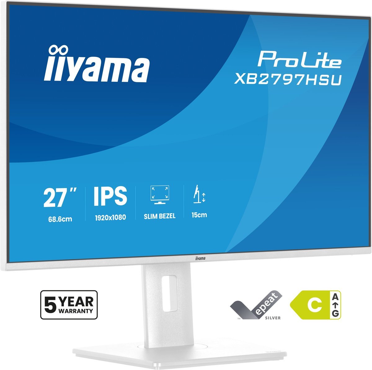 iiyama XB2797HSU-W1 Monitor ProLite 27" IPS FHD 120Hz 350cd 2xUSB 3.2 2xUSB-C HDMI DP 2x2W HAS 150mm PIVOT bianco