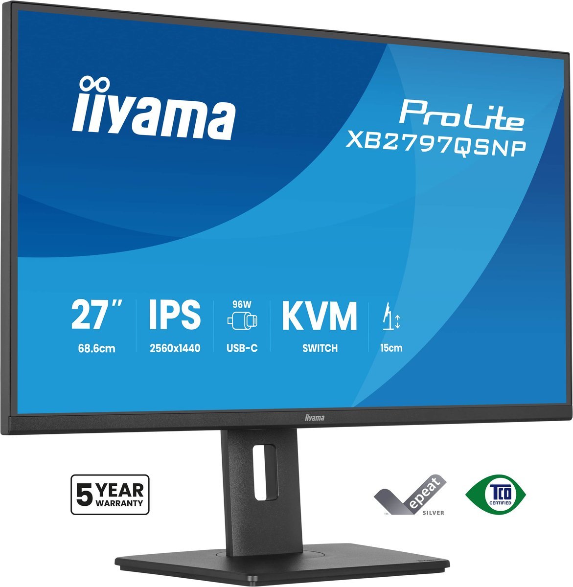iiyama XB2797QSNP-B1 Monitor ProLite 27" IPS QHD 350cd 1ms Dock USB-C 96W HDMI DP Daisy Chain HUB USB LAN HAS