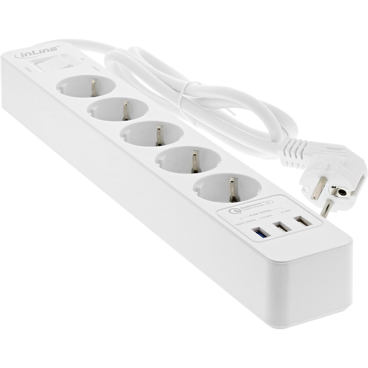 InLine Multipresa 5 prese Shucko, Interruttore di Protezione, 3x USB, cavo 1,5m - Bianco