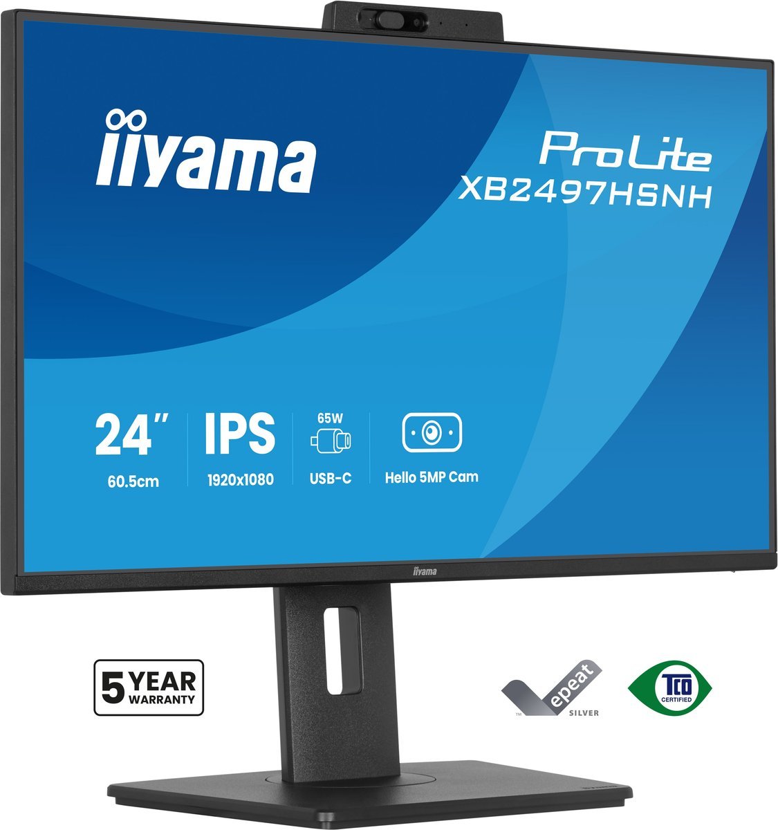 iiyama XB2497HSNH-B1 Monitor ProLite 24" IPS FHD Dock USB-C 65W LAN DP-Out Webcam 5MP Windows Hello HAS cornice sottile su 4 lati