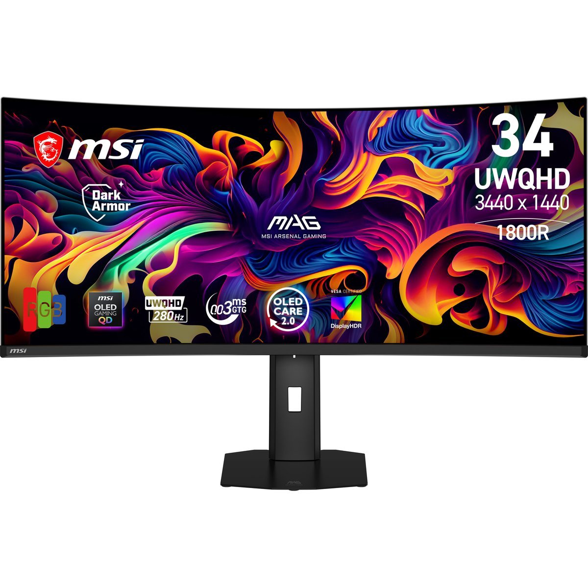MSI MAG 341CQP QD‑OLED X28 - Monitor 34" UWQHD 280Hz, QD-OLED, HDR True Black 500, 0.03ms, HDMI 2.1