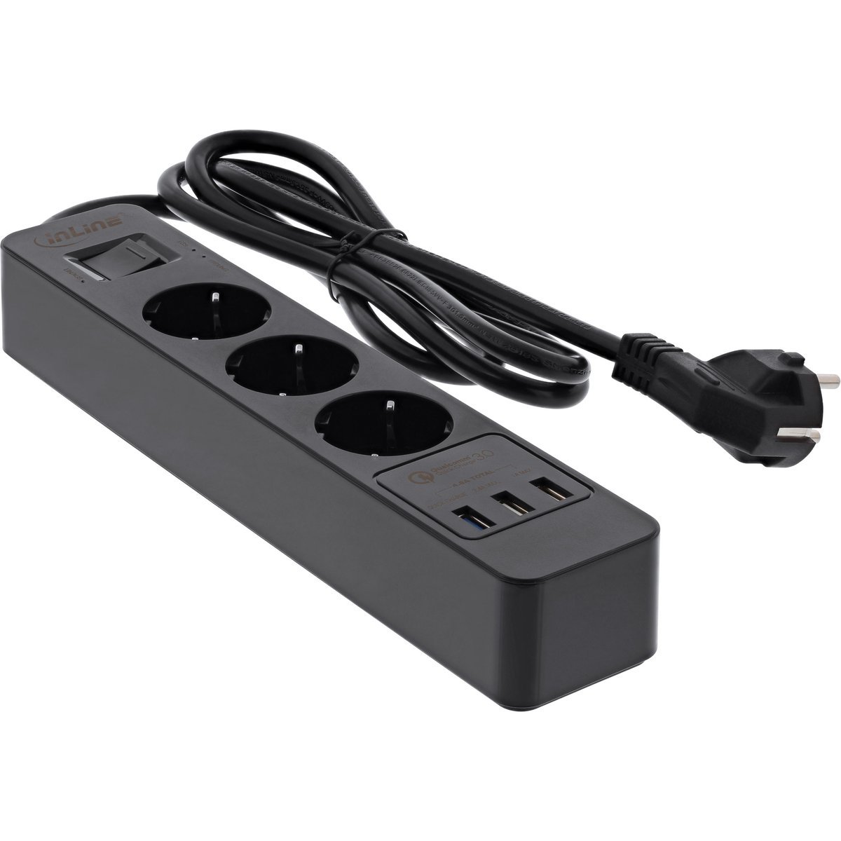 InLine Multipresa 3 prese Shucko, Interruttore di Protezione, 3x USB, cavo 1,5m - Nero