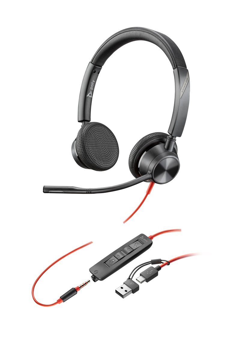 HP Poly Blackwire 3325 Stereo USB-C Headset +3.5mm Plug +USB-C/A Adapter Auricolare Cablato A Padiglione Ufficio USB tipo-C Nero