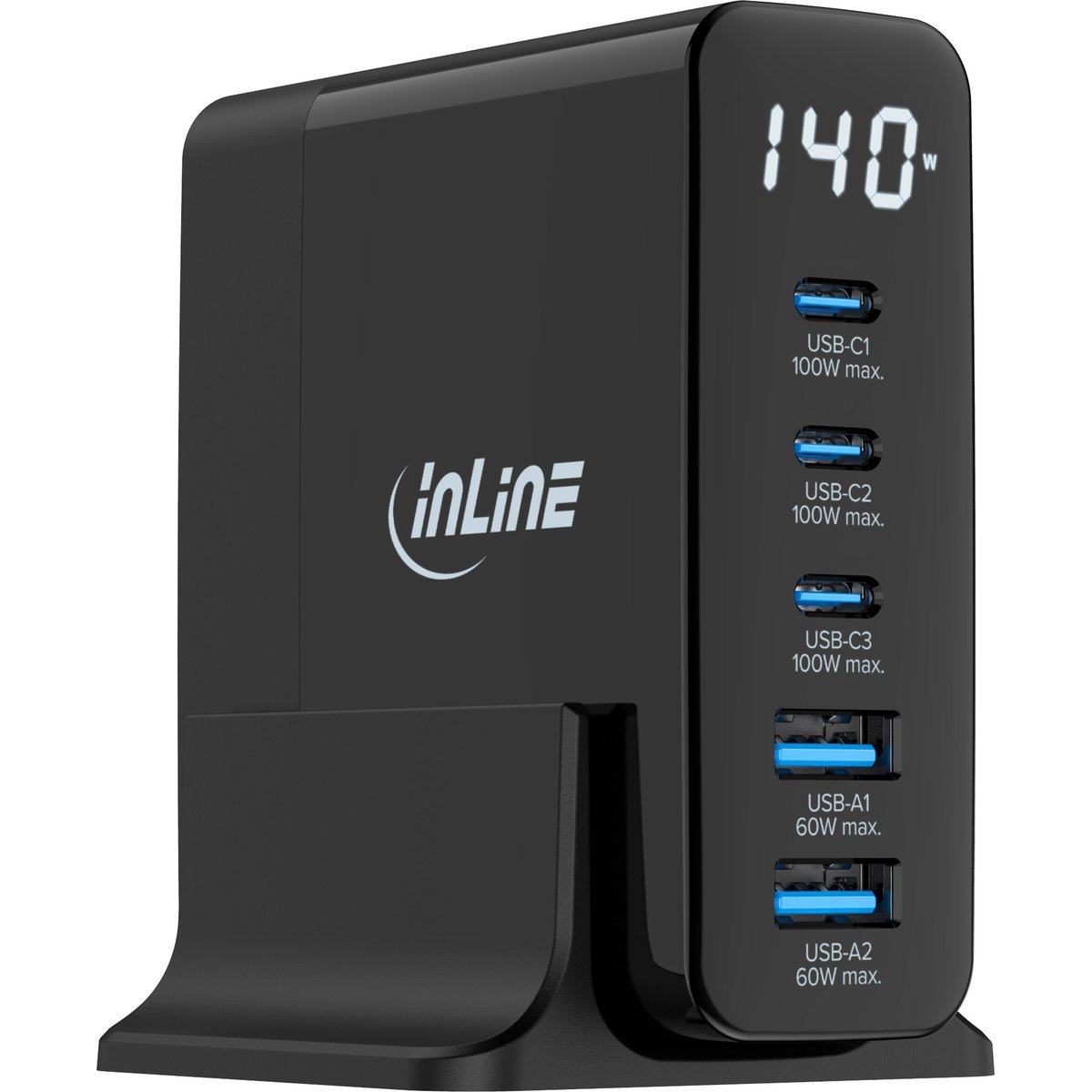 InLine Alimentatore USB PD GaN 140W 5 porte - Caricatore USB-C + USB-A con display digitale