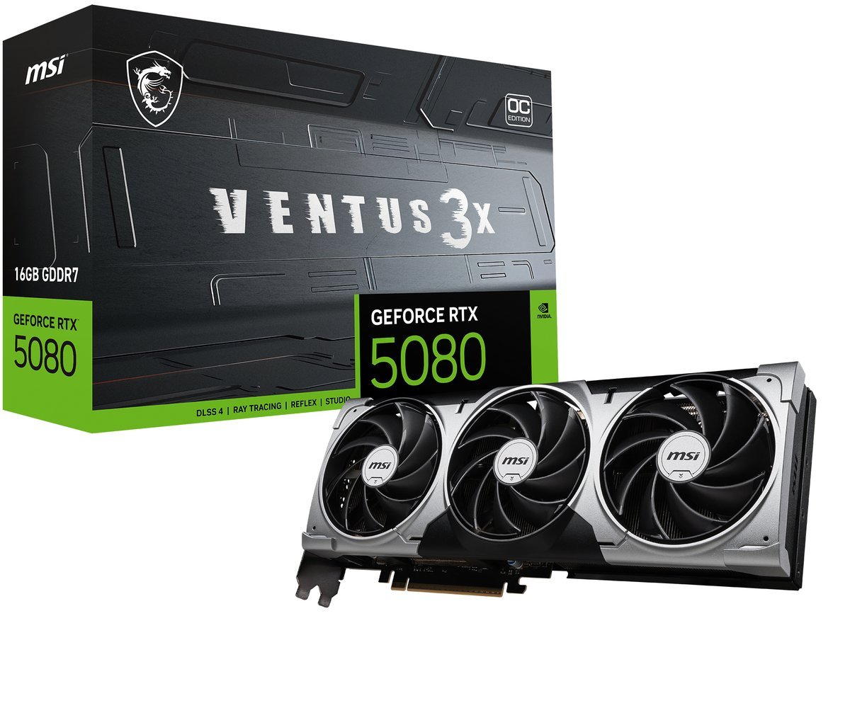 MSI VENTUS GEFORCE RTX5080 16G 3X OC NVIDIA GEFORCE RTX 5080 16 GB GDDR7 DLSS4 PCI Express x16 5.0 TRIPLE FAN - 1 x HDMI 3 x DISAPLYPORT