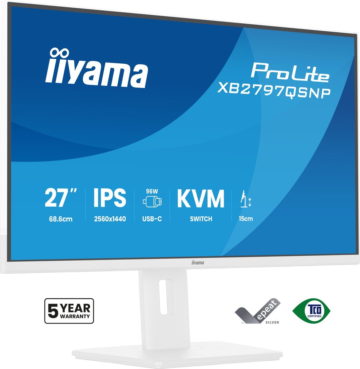 iiyama XB2797QSNP-W1 Monitor ProLite 27" IPS QHD 350cd 1ms Dock USB-C 96W HDMI DP Daisy Chain HUB USB LAN HAS bianco