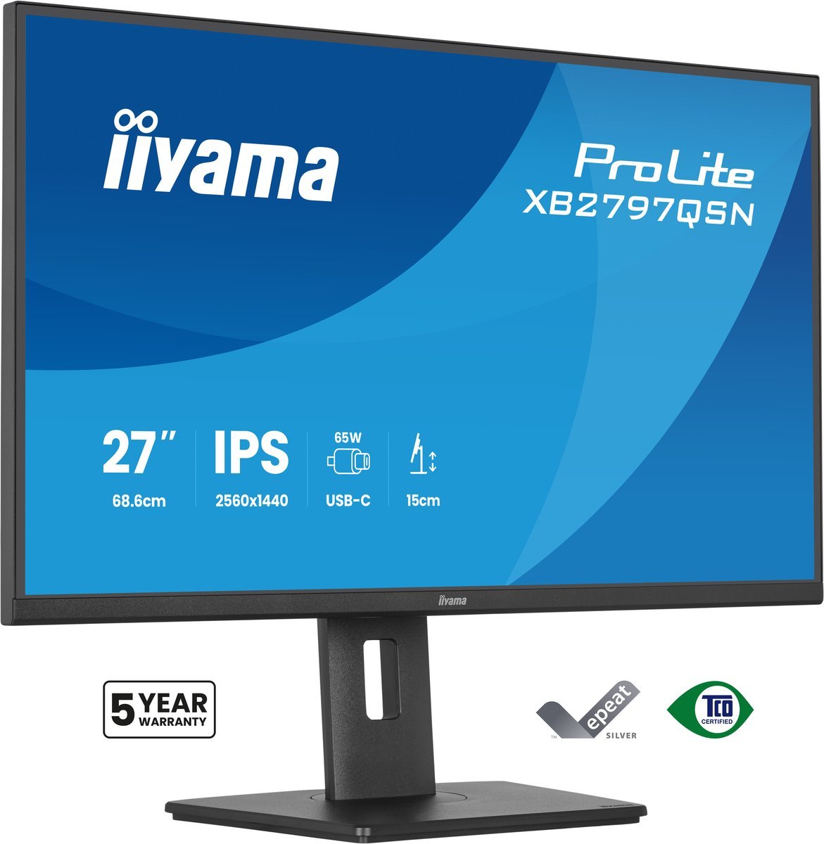iiyama XB2797QSN-B1 Monitor ProLite 27" IPS QHD 350cd 1ms HAS 150mm HDMI DP USB-C Dock 65W 4xUSB LAN