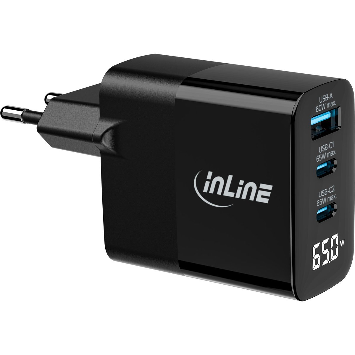 InLine Alimentatore USB PD GaN 65W - Caricatore 3 porte USB-C + USB-A con display