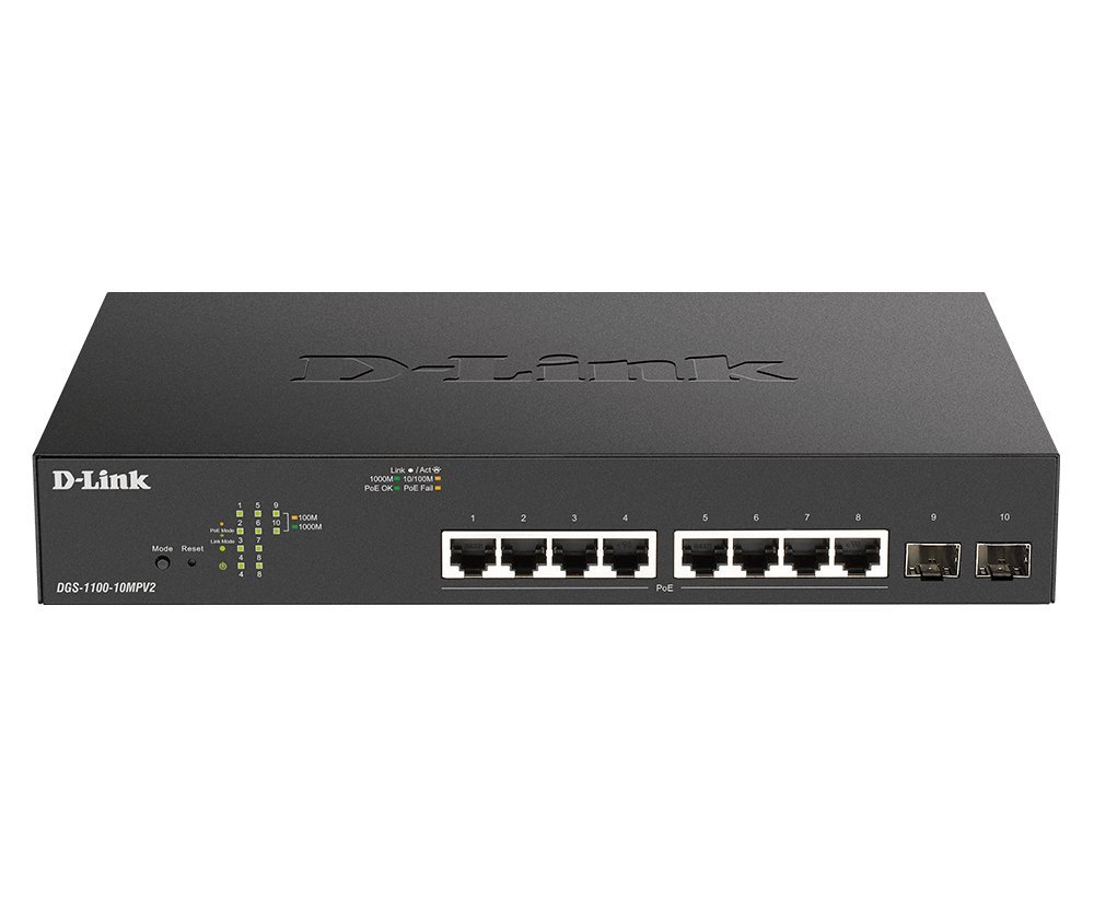 D-Link DGS-1100-10MPV2 switch di rete Gestito Gigabit Ethernet (10/100/1000) Supporto Power over Ethernet (PoE) 1U Nero