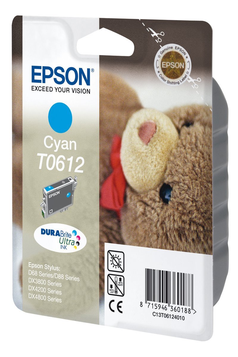 Epson T0612 - 8 ml - ciano - originale - blister con radiofrequenza / allarme acustico - cartuccia d'inchiostro - per Stylus D68, D88, DX3800, DX3850, DX4200, DX4250, DX4800, DX4850