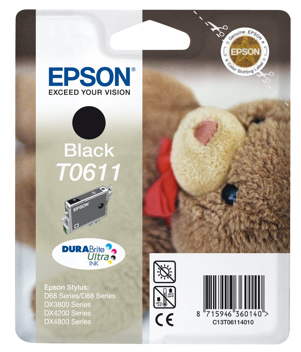 Epson T0611 - 8 ml - nero - originale - blister con radiofrequenza / allarme acustico - cartuccia d'inchiostro - per Stylus D68, D88, DX3800, DX3850, DX4200, DX4250, DX4800, DX4850