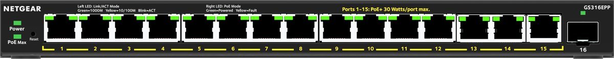 NETGEAR Plus GS316EPP - Switch - gestito - 15 x 10/100/1000 (PoE+) + 1 x SFP - desktop, montaggio a parete - PoE+ (231 W)