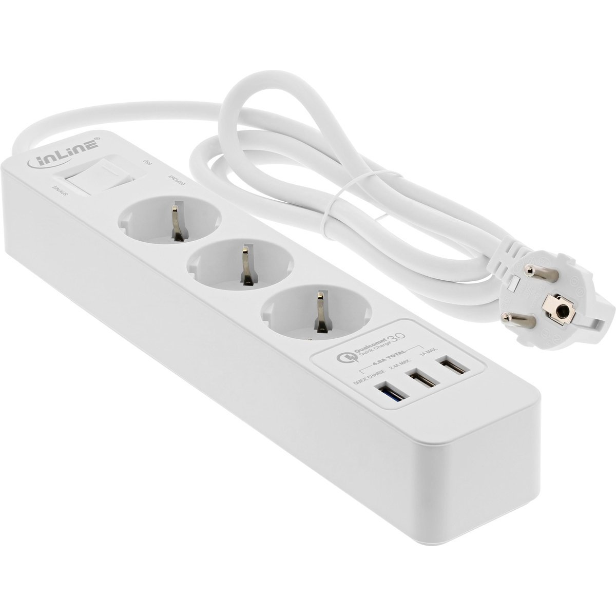 InLine Multipresa 3 prese Shucko, Interruttore di Protezione, 3x USB, cavo 1,5m - Bianco