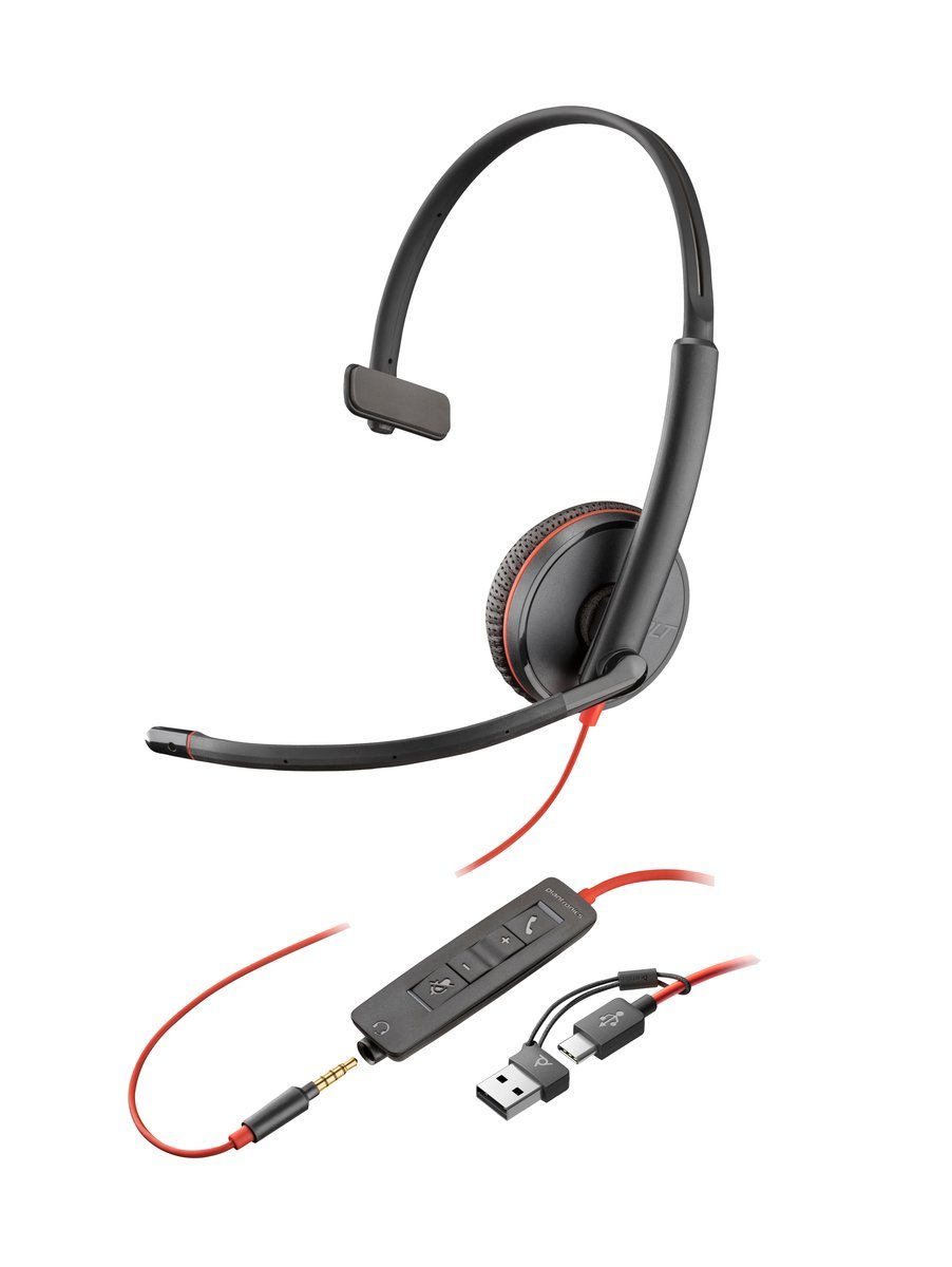 HP Poly Blackwire 3215 Monaural USB-C Headset +3.5mm Plug +USB-C/A Adapter Auricolare Cablato A Padiglione Business/Everyday USB tipo-C Nero