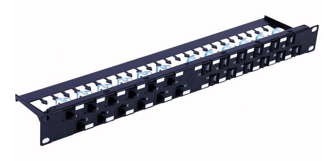 Techly I-PP 24-RU-C6ATSL Pannello patch 24x Keystone RJ45 Cat6a UTP, 1U, porte angolate