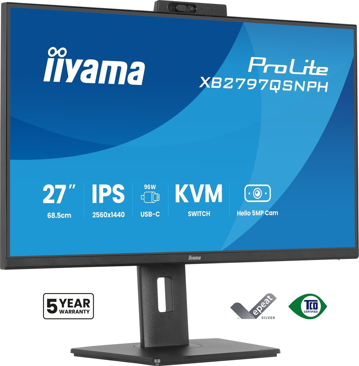 iiyama XB2797QSNPH-B1 Monitor ProLite 27" IPS QHD Dock USB-C 96W LAN DP-Out Webcam 5MP Windows Hello 1ms HAS