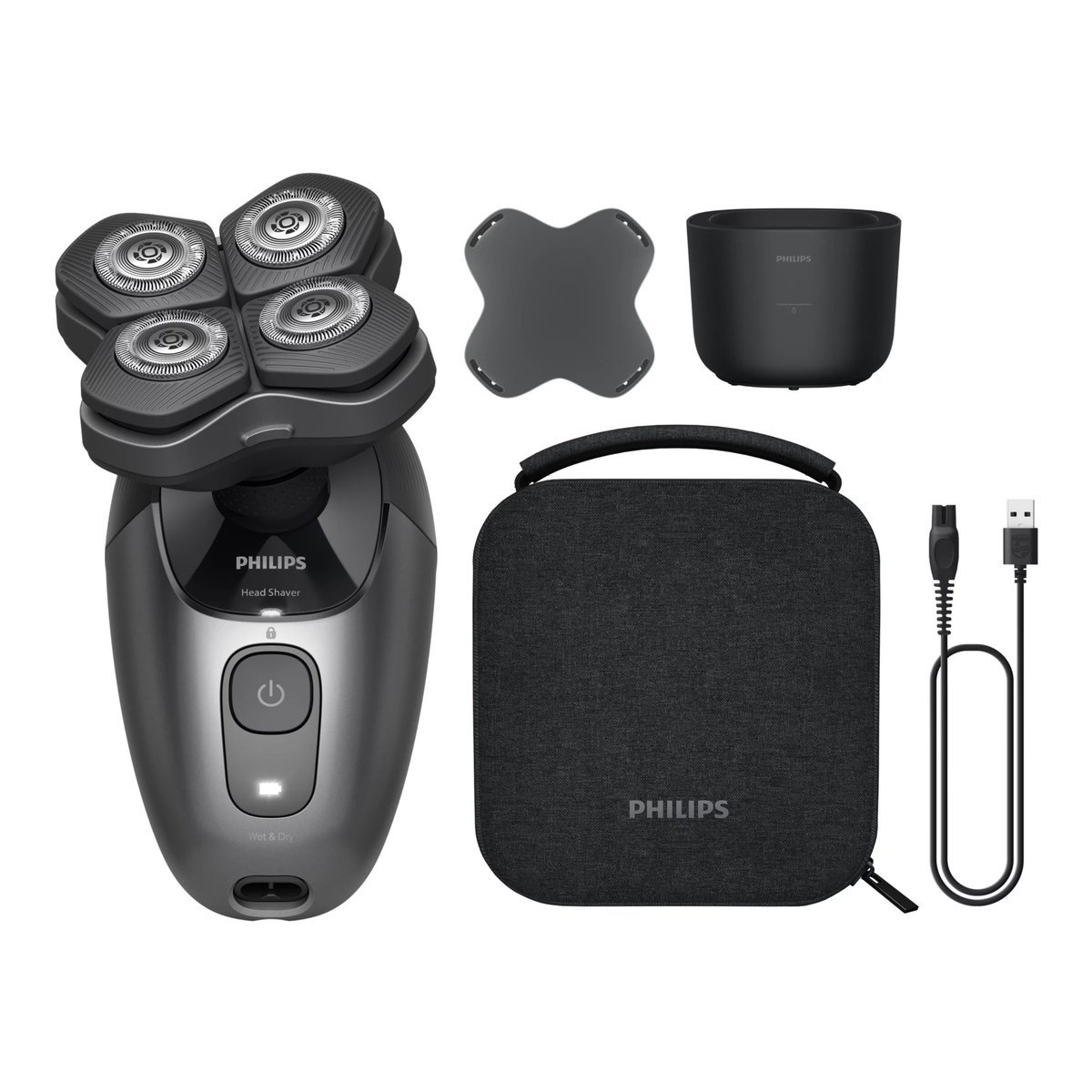 PHILIPS HS7980/15 HEAD SHAVER PRO SERIE 7000 RASOIO ELETTRICO PER LA TESTA RICARICABILE 4 TESTINE FLESSIBILI 360° LAME COMFORTCUT CON CUSTODIA NERO