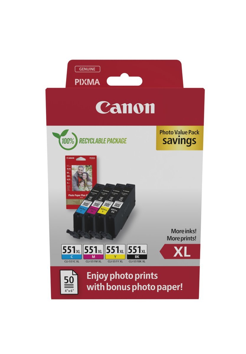 Canon CLI-551XL C/M/Y/BK Photo Value Pack - Confezione da 4 - 11 ml - XL - nero, giallo, ciano, magenta - originale - scatola - kit cartuccia inchiostro / carta
