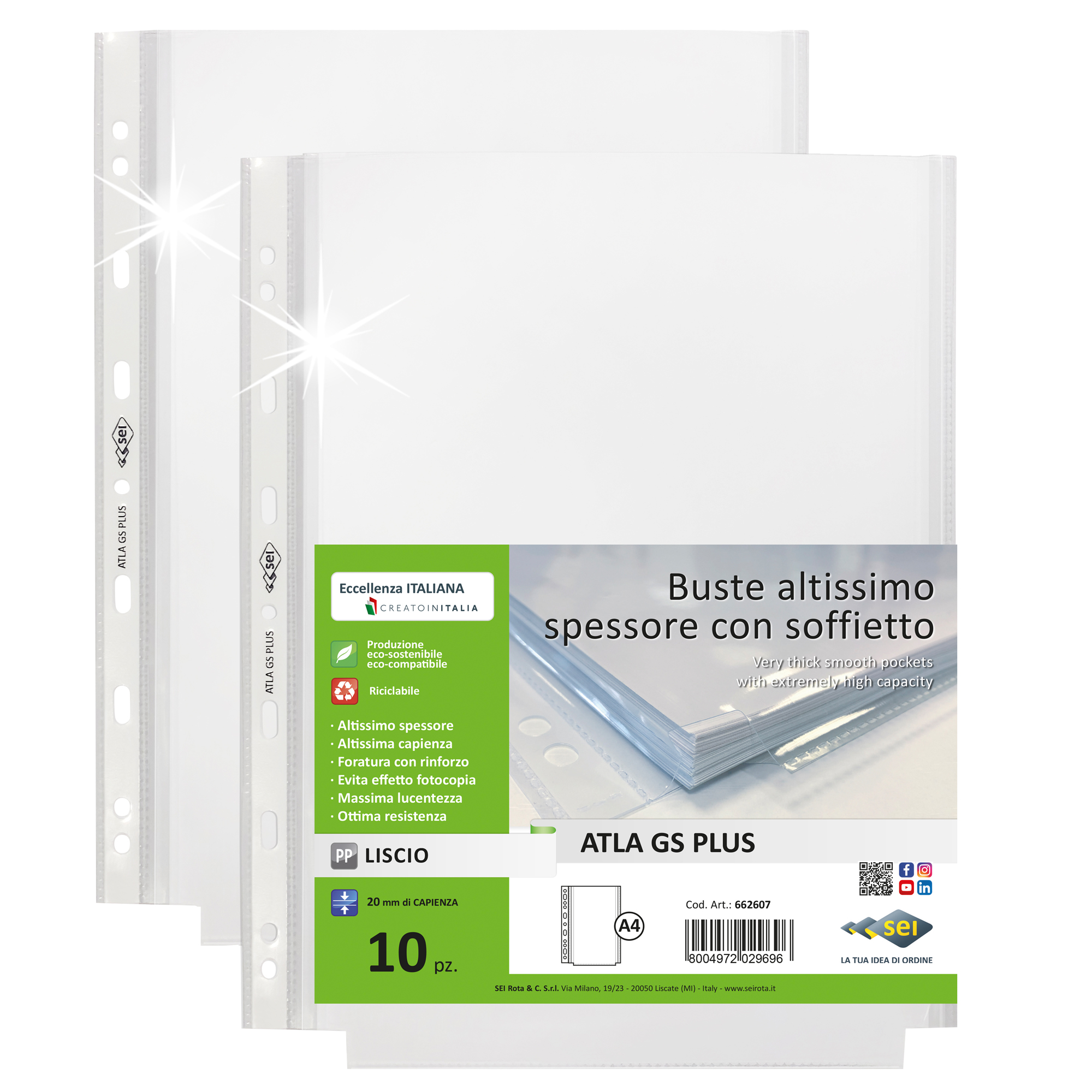 Buste forate ATLA GS plus - 22 x 30 cm - PP - c/soffietto - trasparente liscia - Sei Rota - conf. 10 pezzi