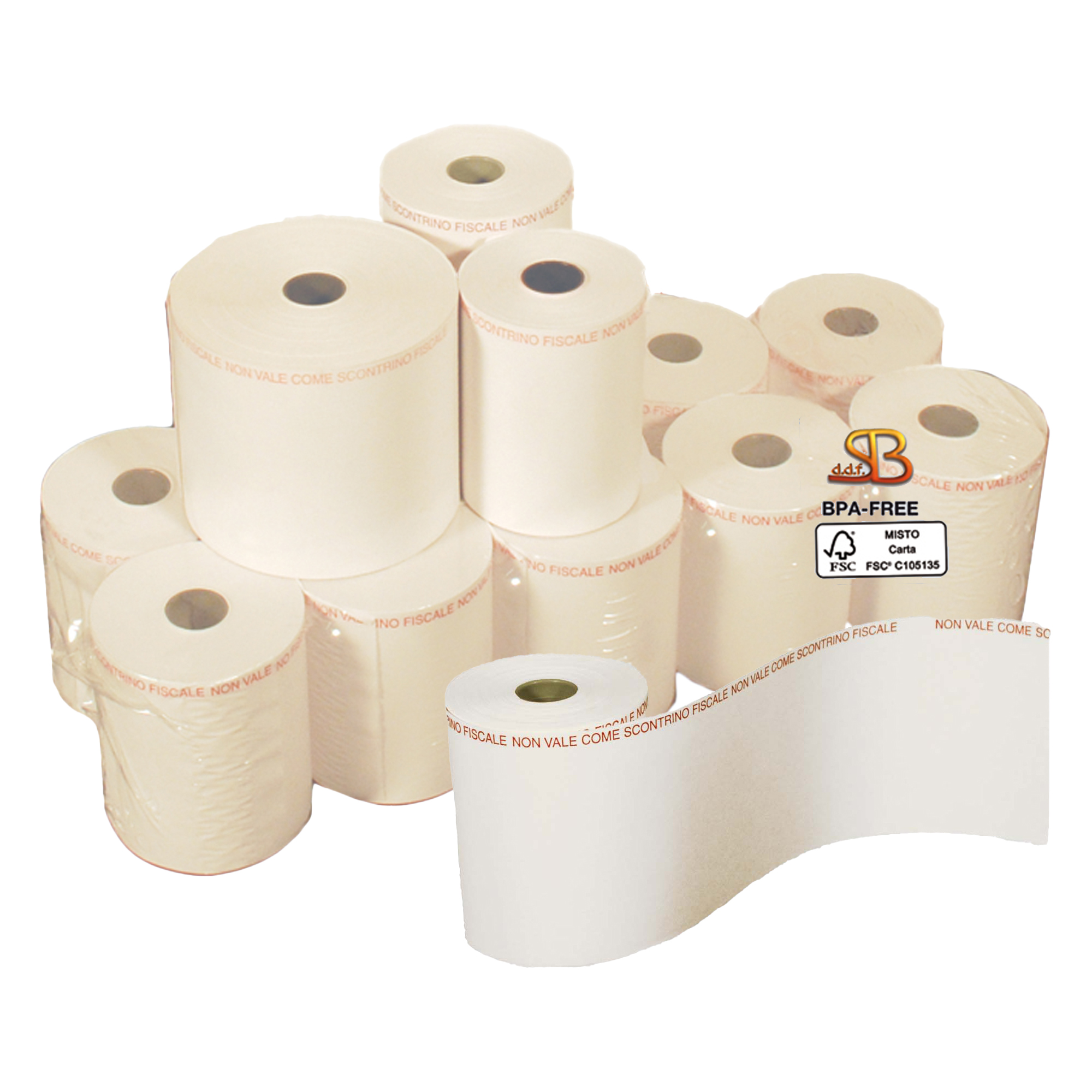 Rotolo per bilancia - 57 mm x 38 m - 112 gr - diametro esterno 82 mm - anima 25 mm - carta termica adesiva BPA free - Sabacart - blister 4 pezzi