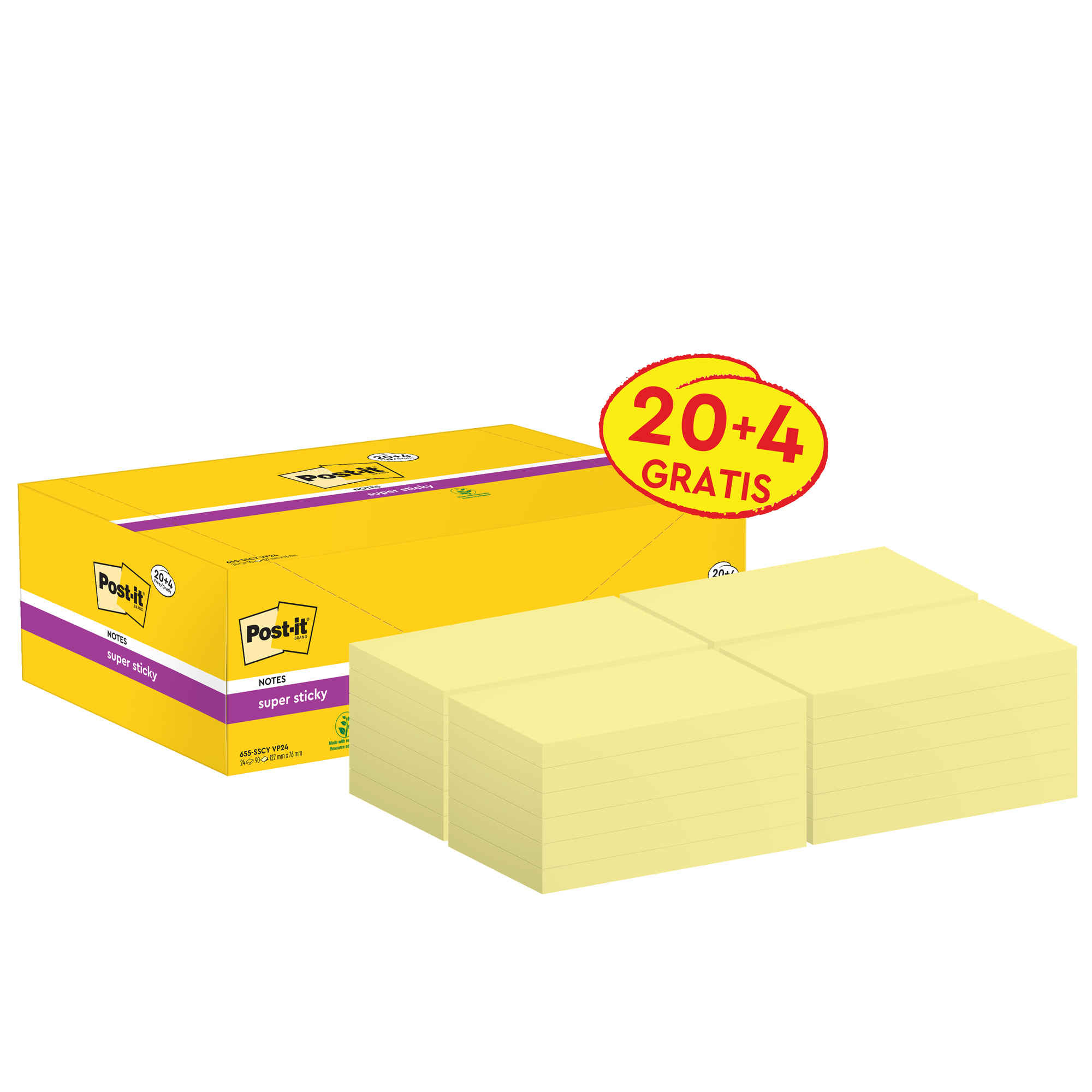 Blocco foglietti Post-it Super Sticky - 655-SSCY-VP24 - 76 x 127 mm - giallo Canary - 90 fogli - Post-it - conf. 24 blocchi