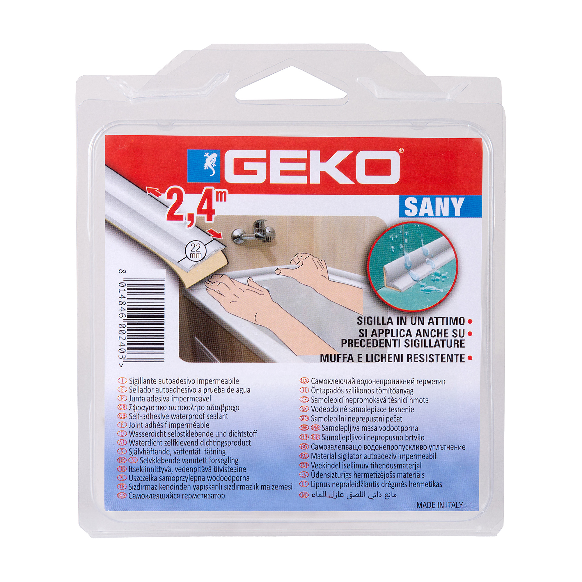 Sigillante adesivo SANY - per doccia e lavabi - 2,2 cm x 2,4 m - PIB - bianco - Geko