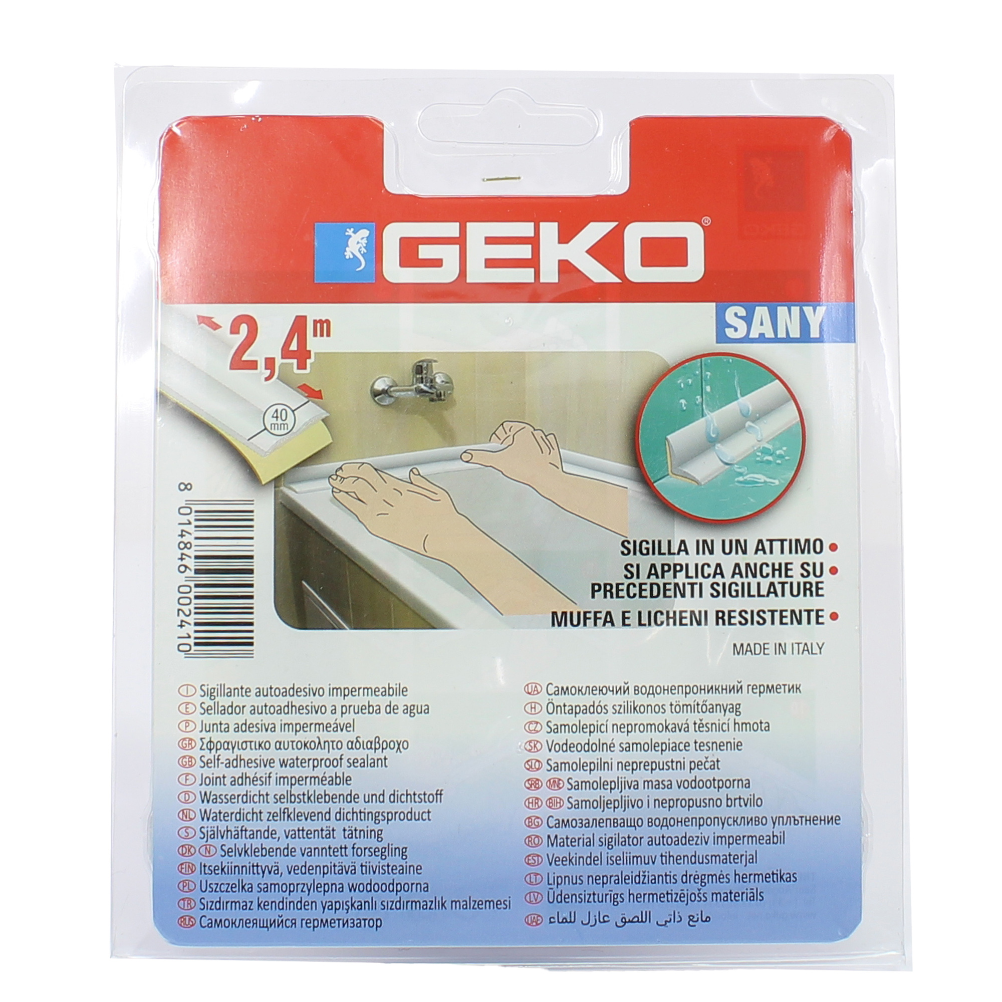 Sigillante adesivo SANY - per doccia e lavabi - 4 cm x 2,4 m - PIB - bianco - Geko
