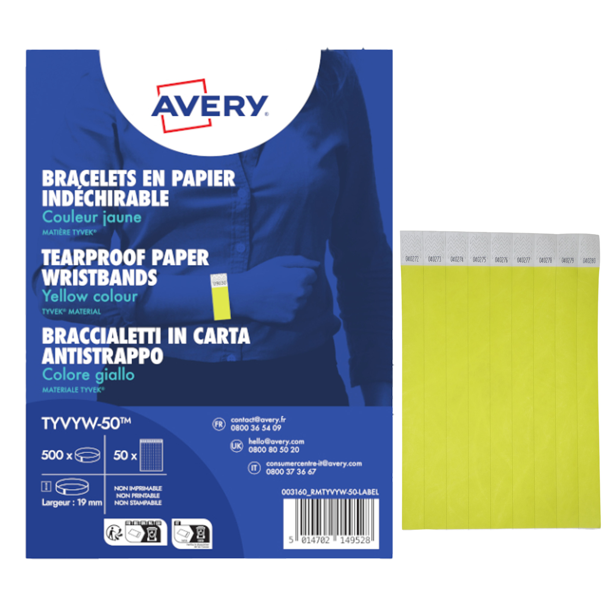 Braccialetti identificativi - in Tyvek - giallo fluo - 265 x 19 mm - 50 fogli - 10 et/fg - Avery - Conf. 500 pezzi