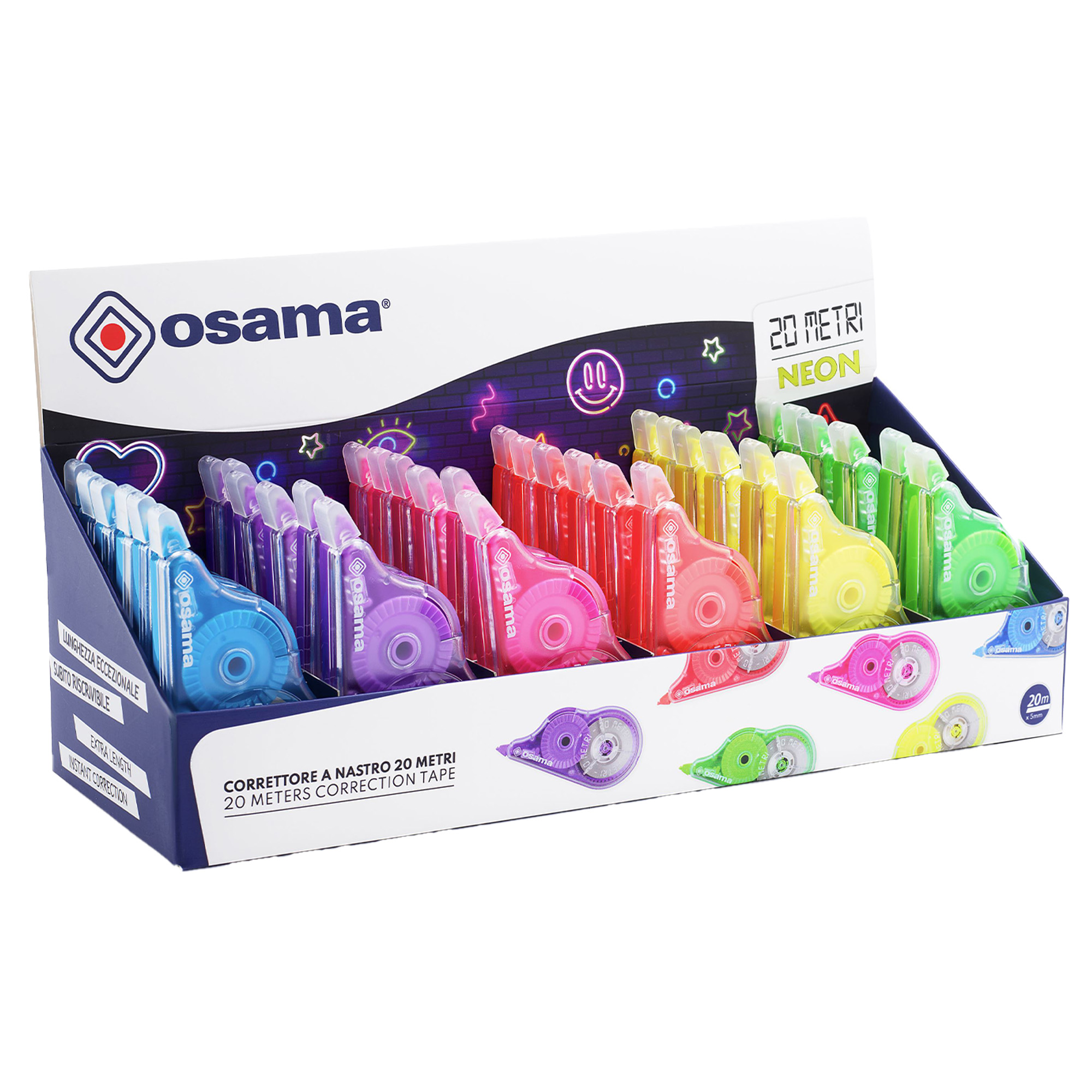 Display 36pz correttore a nastro 20 Metri 5mmx20mt involucro colori ass. Neon Os
