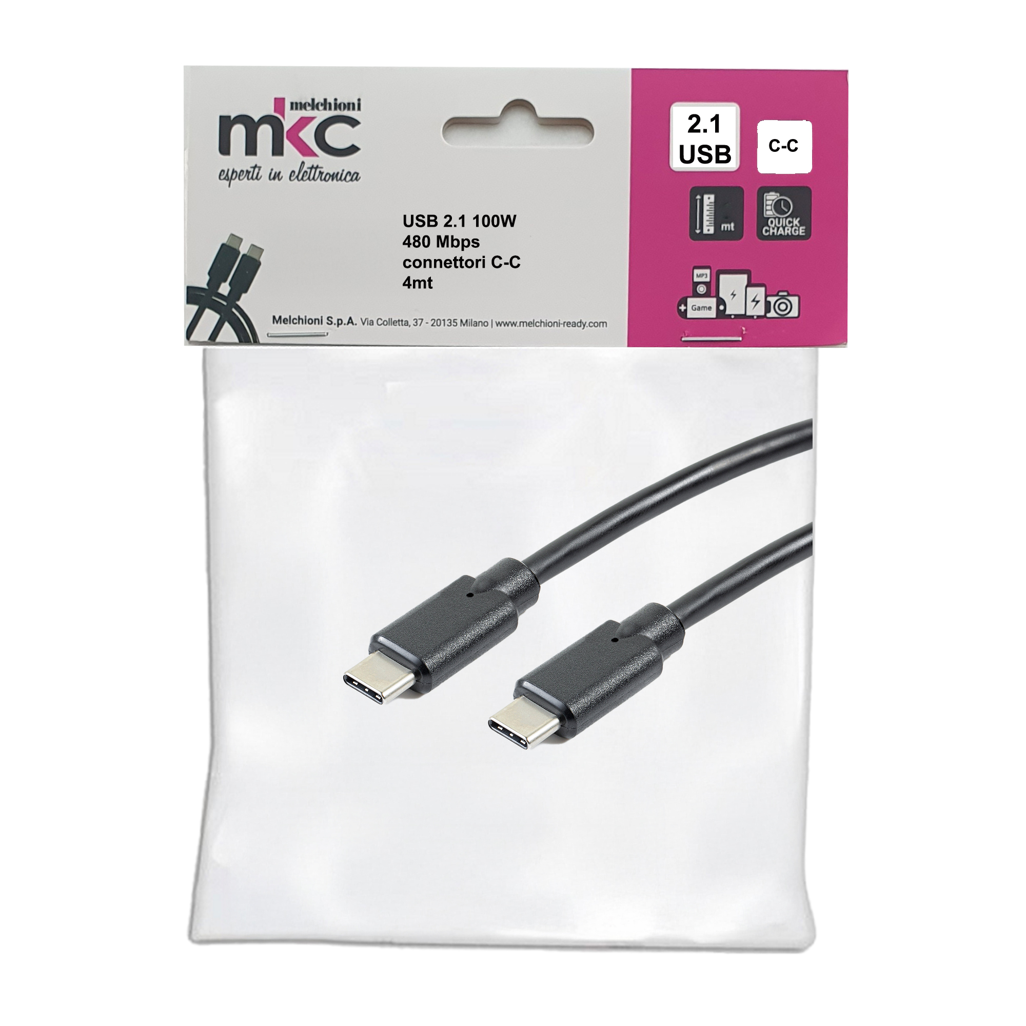 Cavo USB - 2.0 C/C - 100W - 480Mbps - 4 mt - MKC Melchioni