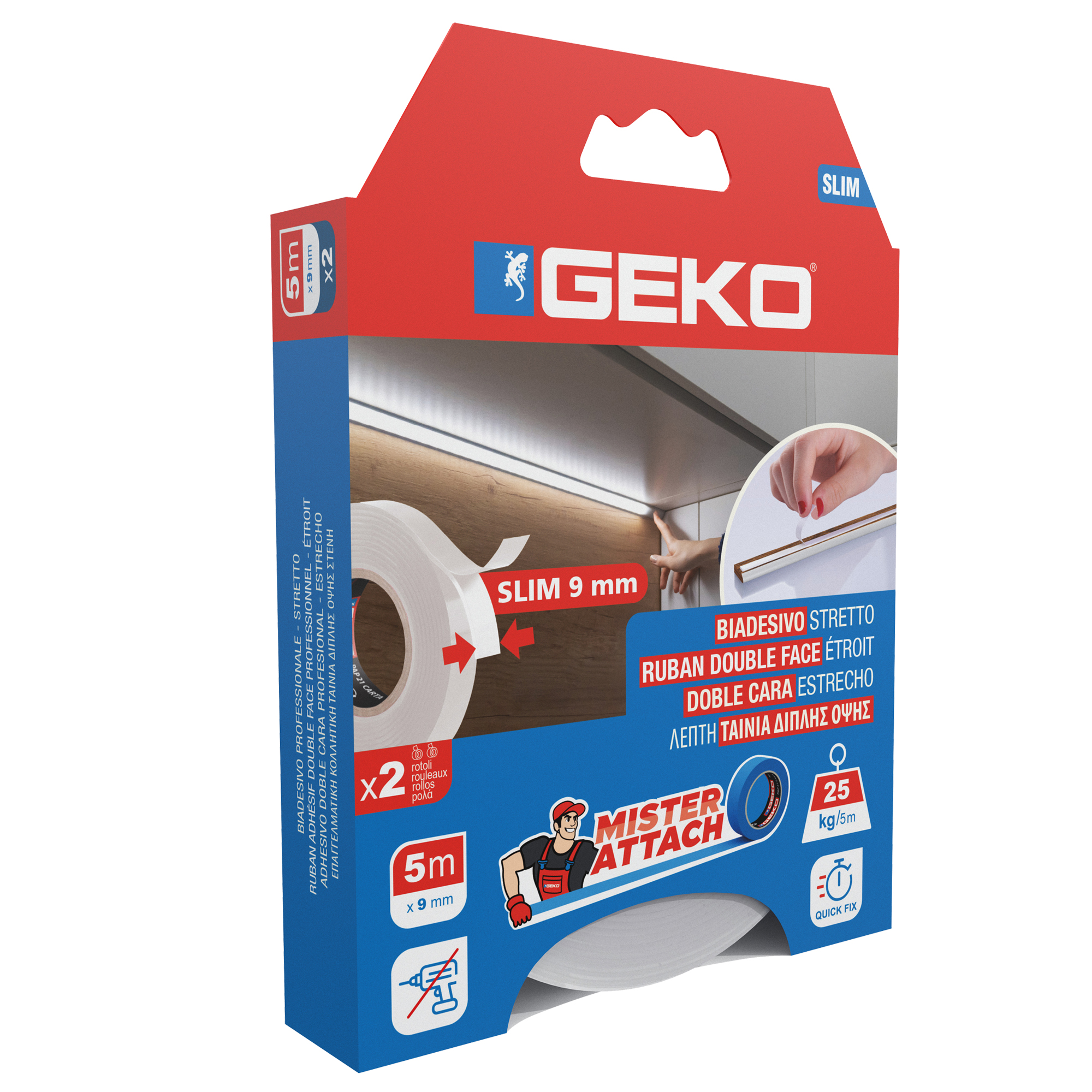 Nastro biadesivo SLIM Mister Attach - 9 mm x 5 m - PE/acrilico - bianco - Geko - conf. 2 pezzi