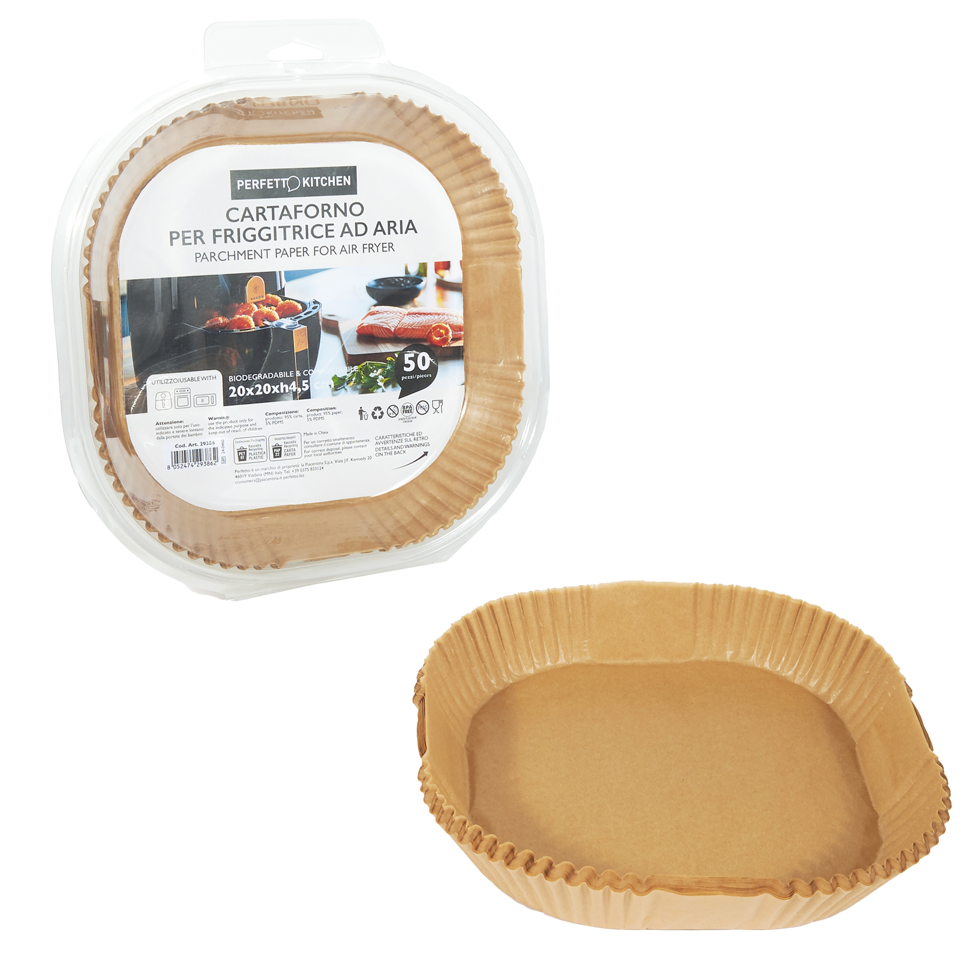 Conf 50 Vaschette cartaforno per friggitrice ad aria in astuccio 20 x 20 x H4,5c
