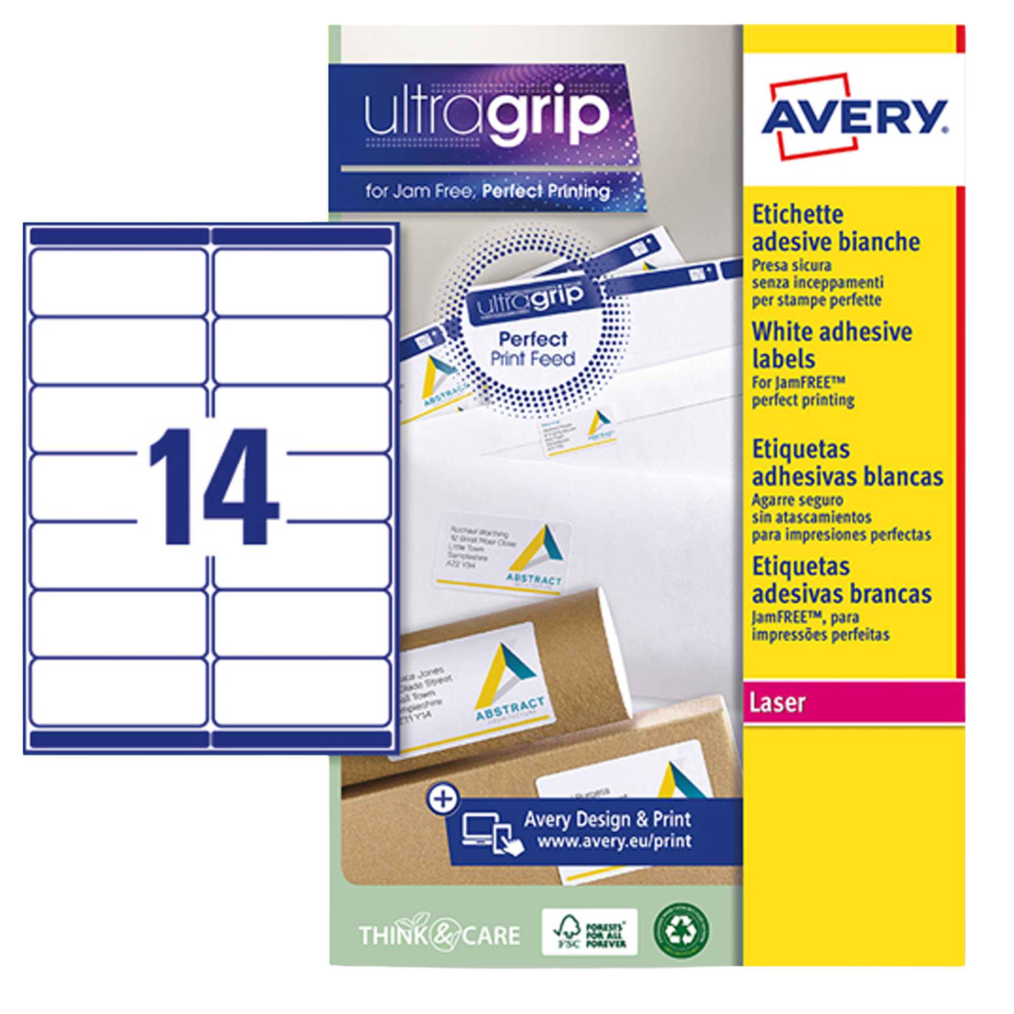 Etichette adesive L7163 - in carta - angoli arrotondati - laser - permanenti - 99,1 x 38,1 mm - 14 et/fg - 15 fogli - bianco - Avery