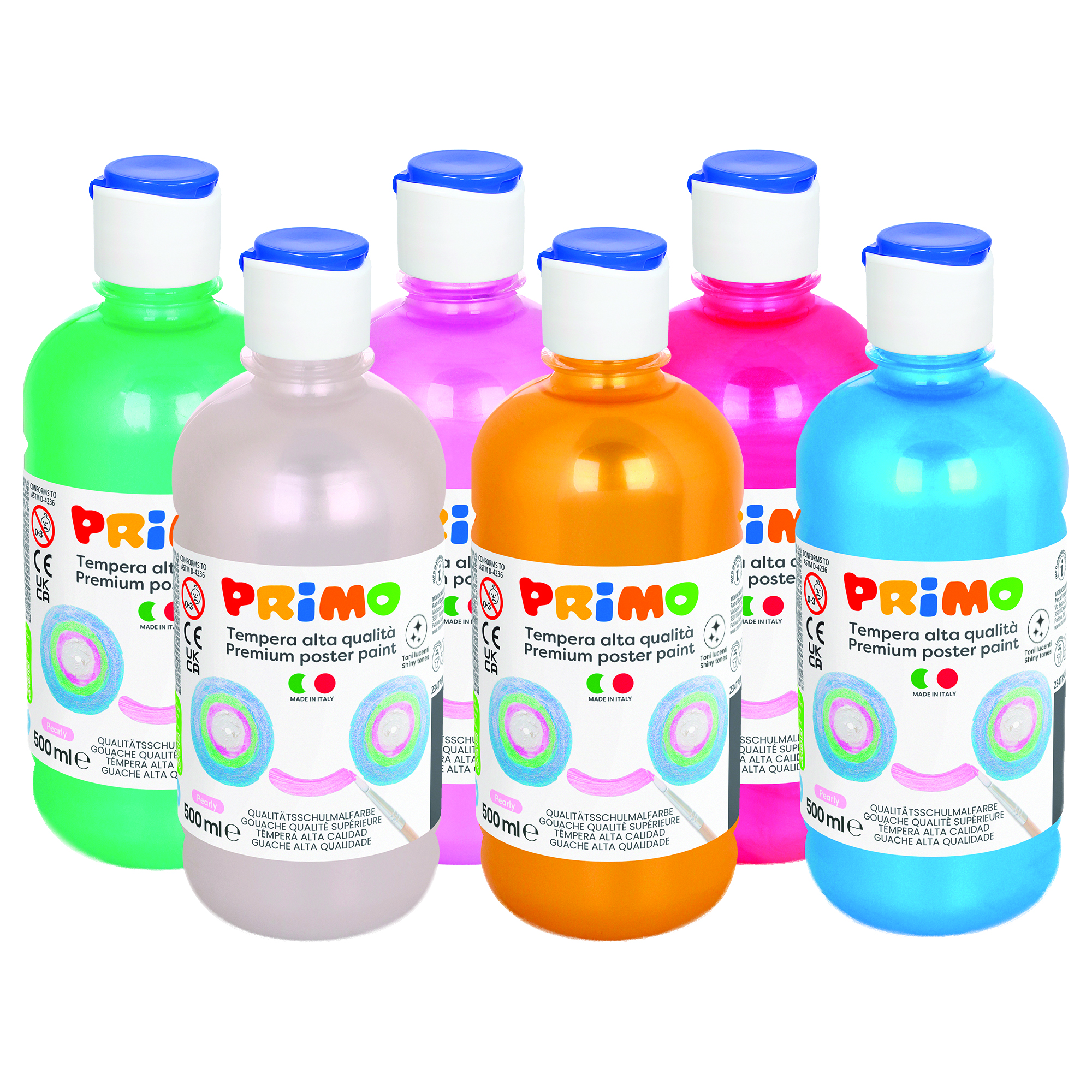 Tempera brillante perlata - 500ml - colori perlati assortiti - Primo - box 6 colori